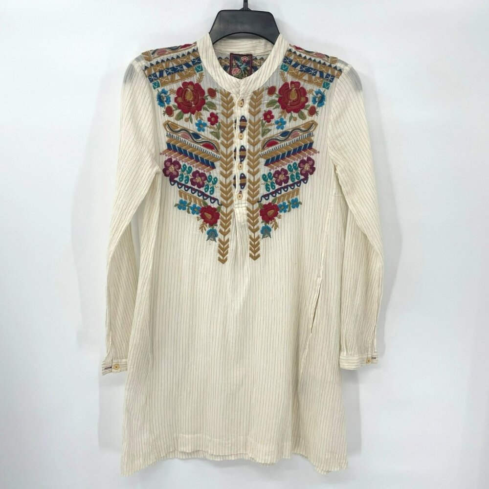 Johnny Was Embroidered Cotton Mock Collar Tunic Top 3J Workshop